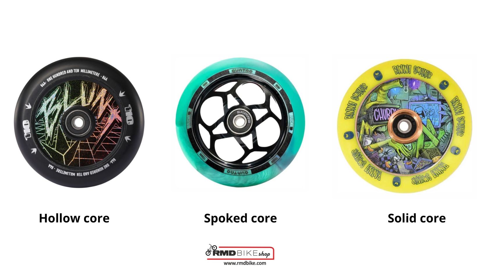Types of scooter wheel cores: solid, spoked, hollow