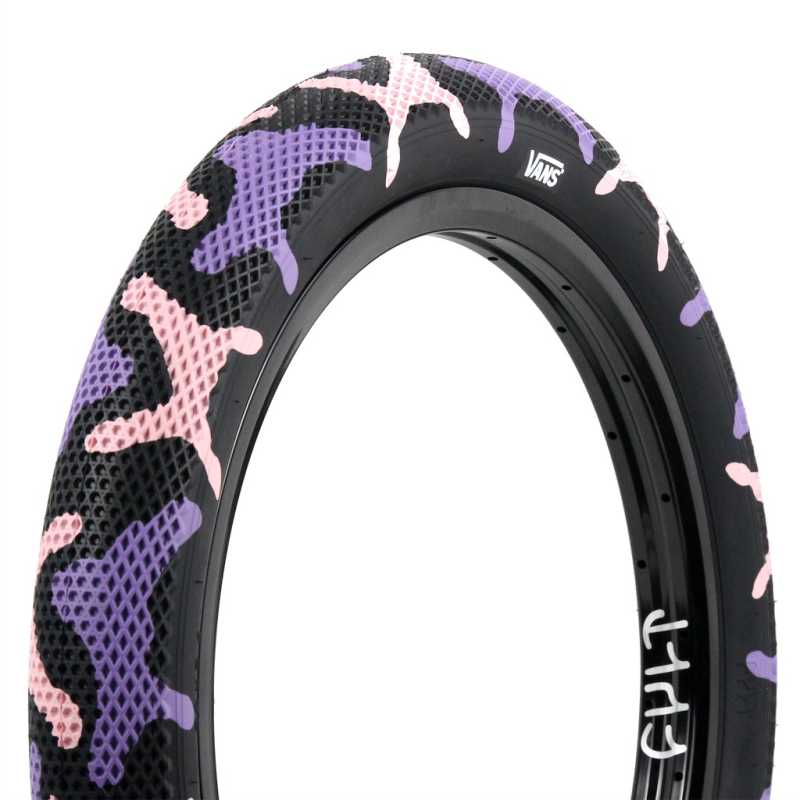 Cult Vans 20-inch BMX tire in purple camo – stylish freestyle bike tire