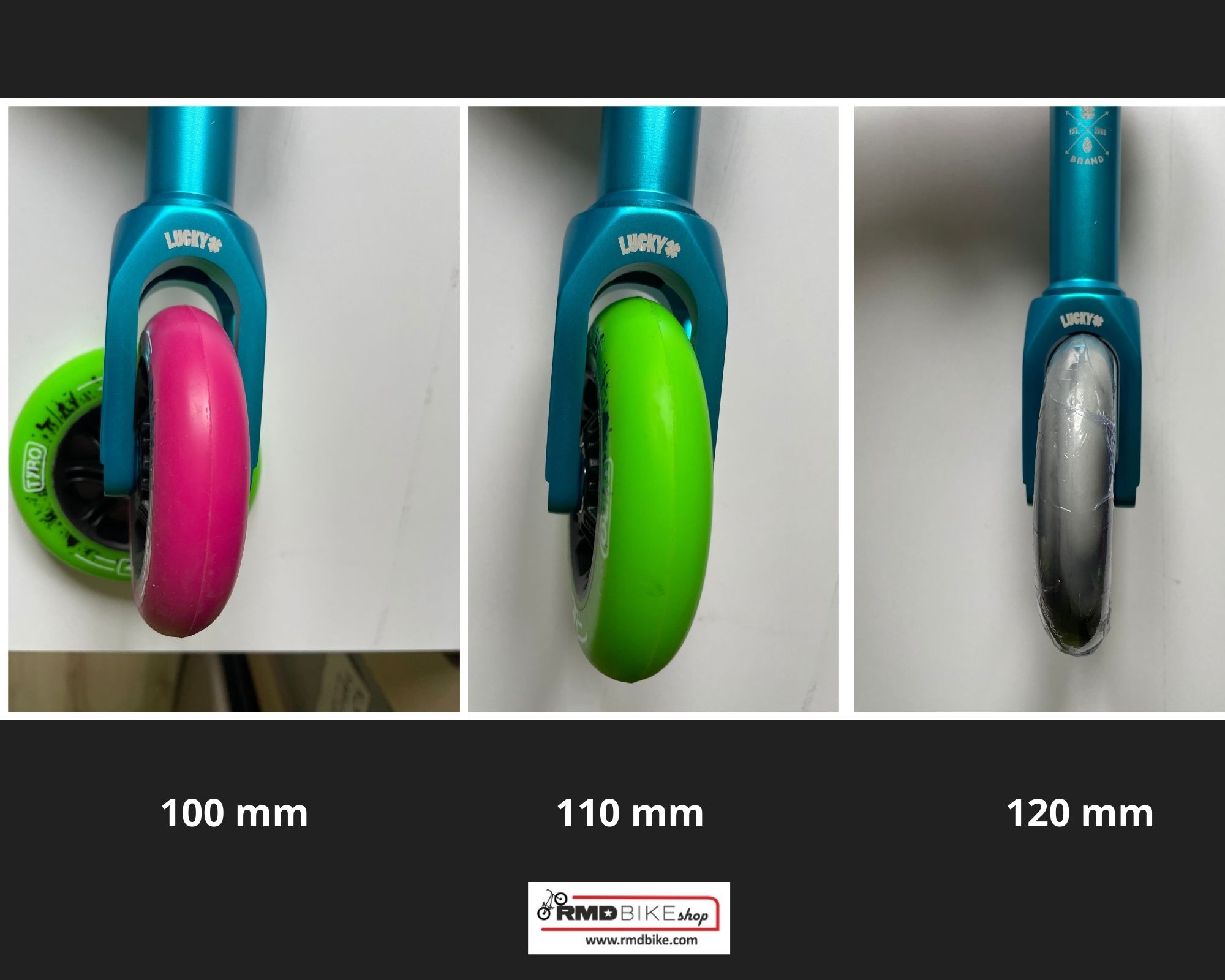 100 vs 110 vs 120 mm scooter wheels in a fork