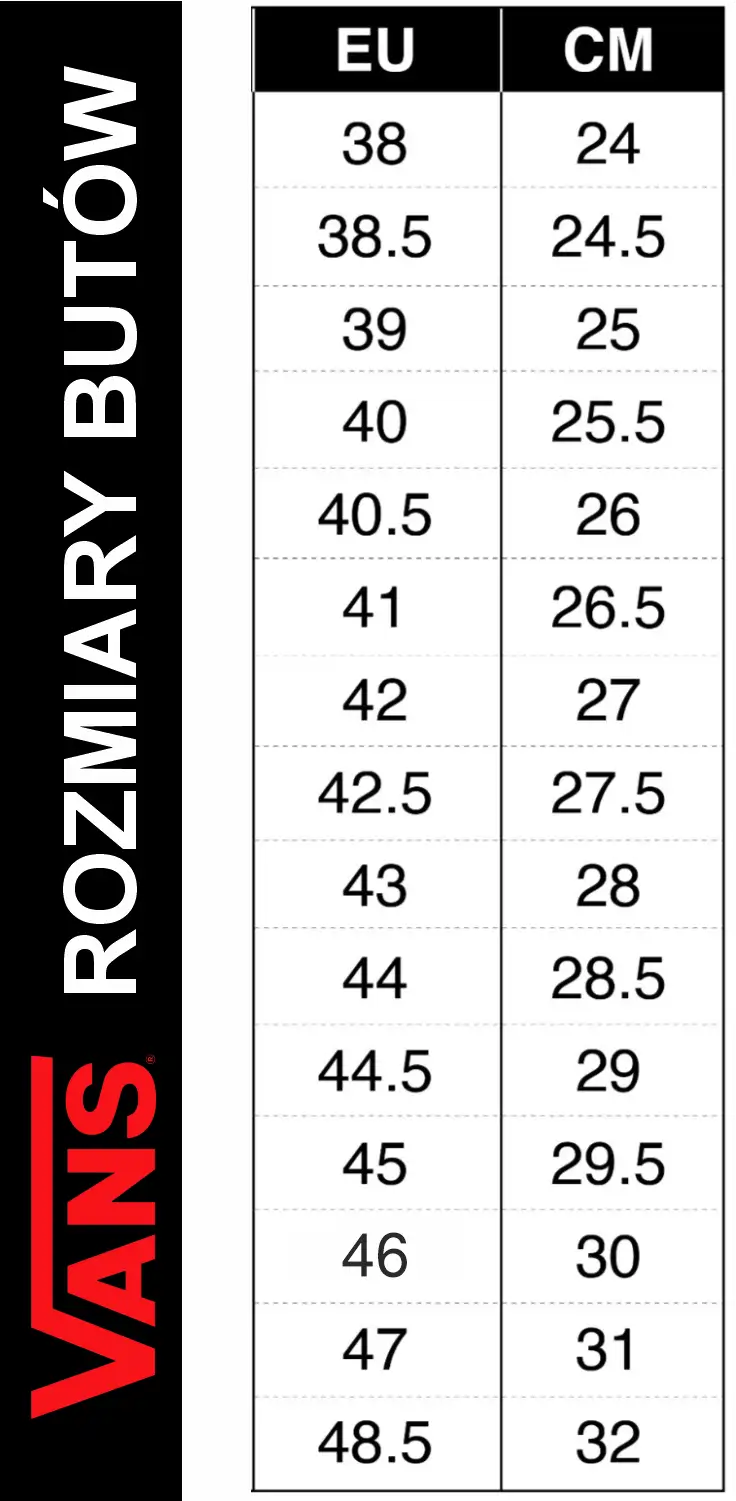 Vans shoe size chart with foot length in cm